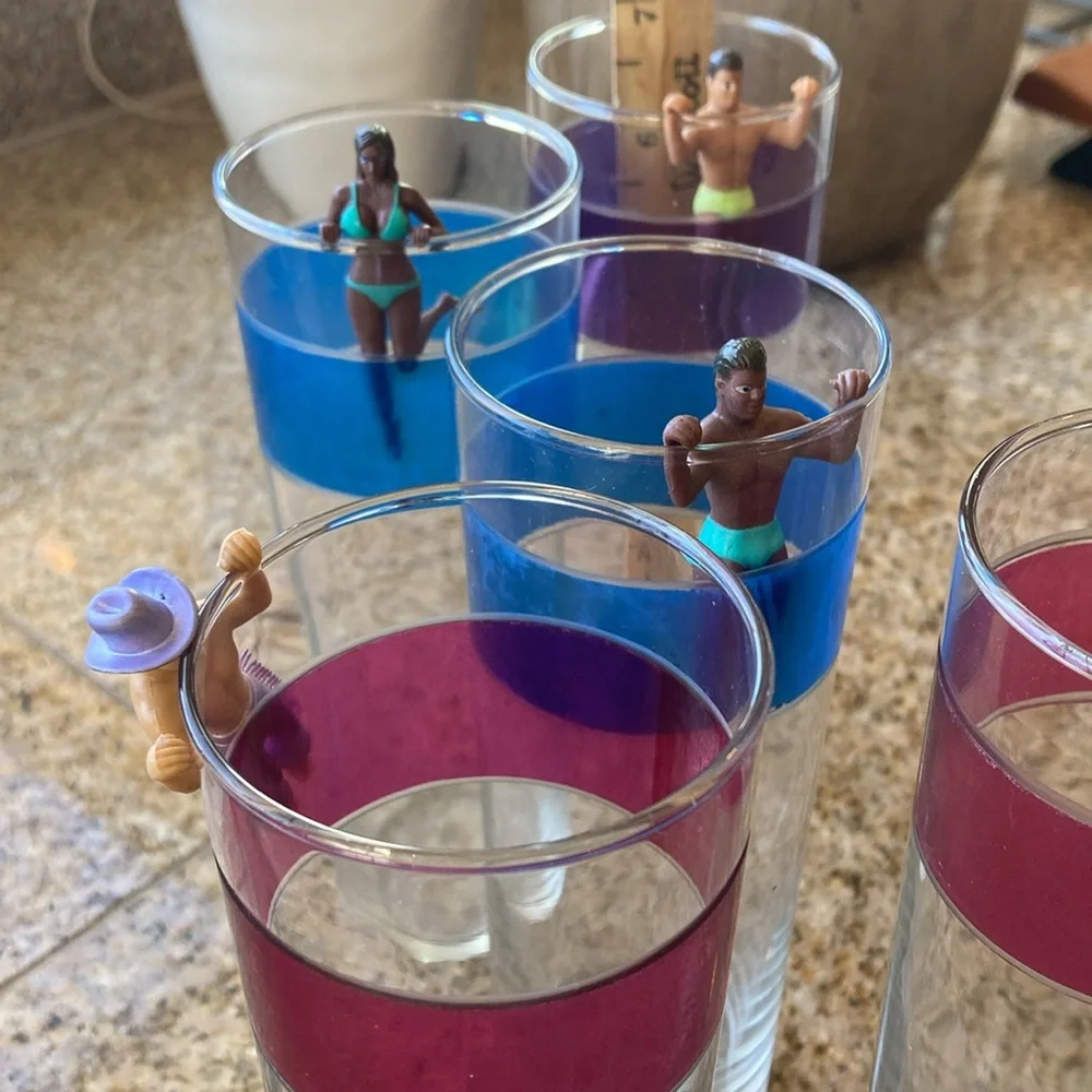 Libbey VintageSet of 6 glasses featuring colorful Bands Pink Blue Purple Summer